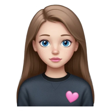 Create a teenage girl with LONG and straight light brunette hair, light skin, light freckles, and blue-grey eyes. She will have pink lips and long eyelashes. She will be wearing a black crewneck.  sticker