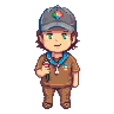 pixel art of a coach with a whistle, wearing a cap sticker