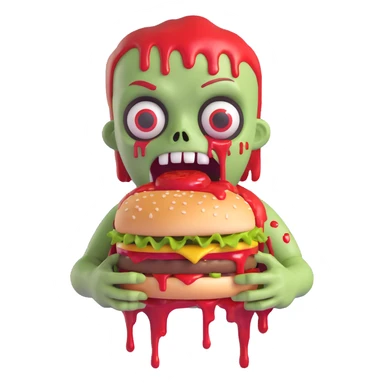 a zombie eating a hamburger dripping ketchup, cute and rounded sticker