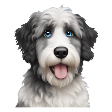 White, black, and grey aussiedoodle dog with blue eyes and black fur around the eyes sticker