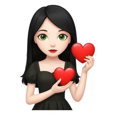 Pale girl with long black hair and olive green eyes wearing black dress and holding a heart sticker
