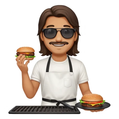 long hair man grilling wearing shade smiling in a white tshirt and a black apron grilling burger and meat on a sizzling grill sticker