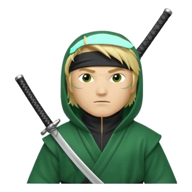 Green ninja Lloyd garmadon blonde hair, kaptur hoody on his head but blonde grzywka visible; the bottom left one is best (the one without miecze + black band + no mask of face) but add miecz; I want no band on head  sticker