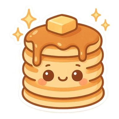 chibi sticker-style pancake stack with sparkles, cute and exaggerated sticker