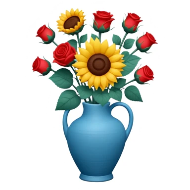 sunflowers and red roses bouquet in a ceramic blue vase, soft claymation realistic sticker