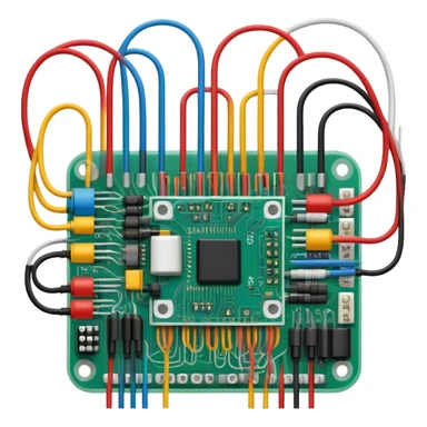 An icon featuring a circuit board, electrical wires, symbolizing electrical engineering. The design includes resistors, capacitors, and a power transformer, representing the study of electrical systems and innovation. Transparent background highlights modern electrical technology sticker