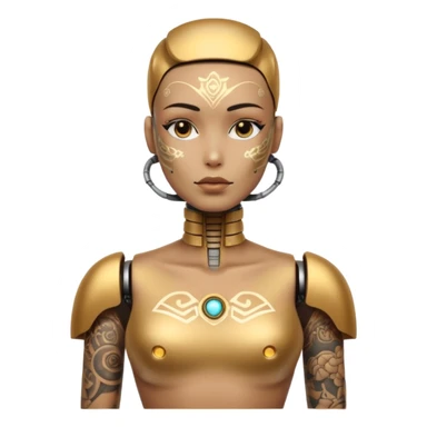 gold Tatooed robot with rada, big many tatooes on chest, neck and face, white tatoo on face sticker