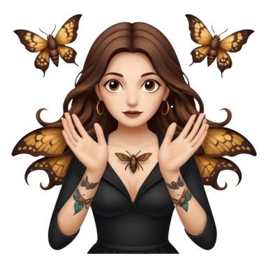 night witch woman long wavy brown hair tattoos spinning moth from fingers sticker