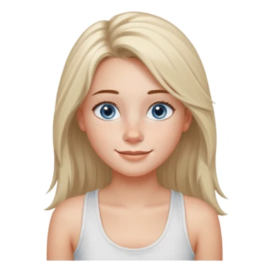 Una chica de tez blanca con pecas, nariz respingada, labios gruesos, ojos grandes color azul grisáceo, pelo largo, lacio, color avellana. Con una blusa de tirantes blanca. Que este sonriendo y q solo se vea de la cintura hacía arriba sticker