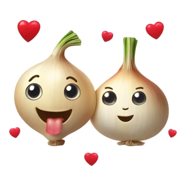 n emoji of a cute garlic clove and a smiling onion looking at each other with love. They have big, adorable eyes and rosy cheeks. Small red hearts float around them, and they appear to be blushing, creating a romantic and funny atmosphere. sticker