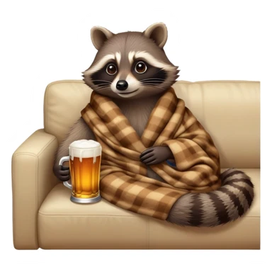 A cozy raccoon lounging at home, holding a cold beer, watching TV with a relaxed expression, warm indoor lighting, soft couch, and a comfy blanket. sticker
