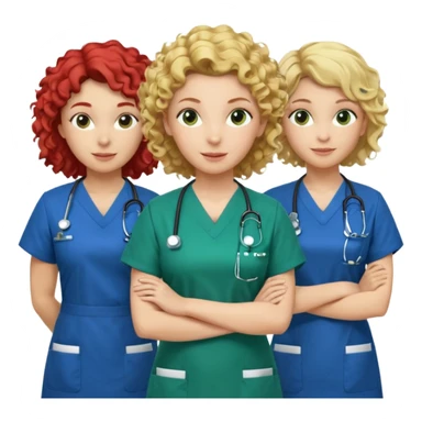 3 nurses: nurse 1 is wearing green work clothes, curly hair, middle european. nurse 2 is wearing blue work clothes, blond hair, scandinavic, nurse 3 is wearing white work clothes, red hair. they all stand in a classroom, "Academy" written in white on board sticker