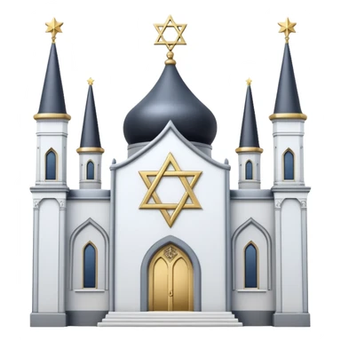 reform jewish synagogue similar in architecture to historical religious architecture in europe. the building should be white with silver/golden features, gothic architectural elements and star of david. no crosses. the emoji should be in ios emoji style. sticker