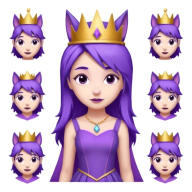  a cute princess wearing a purple dress and crown with purple hair and purple wolf ears and purple wolf tail character. Each square shows the character doing different actions against a white background And make a gap between each illusion sticker