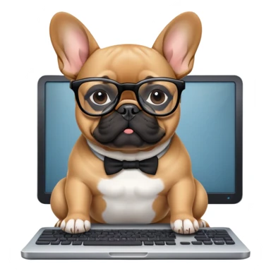 Fawn Frenchie with black muzzle working behind computer sticker