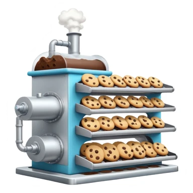 Cartoon-style cookie factory with visible conveyor belt carrying chocolate chip cookies, steam vents, cheerful colors, emoji-style sticker