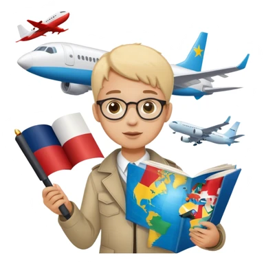 A child looking at a map 🗺️👀, a magnifying glass over different country flags 🔍🏳️, a passport and a plane ticket ✈️📄, and a student celebrating with books and a diploma 🎉📚🎓." sticker