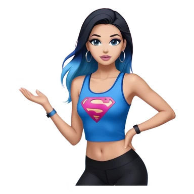 Tall-full body-long legs-huge female chest-very excited-model beautiful face-black leggins-light-pink-lips-very long-very-straight-dark-blue-ombre-hair-and-blue-eyes-thick-black-eyeliner-thick-long-eyelashes-sky blue-superman-lower cut tank top-silver-hoop-earrings sticker