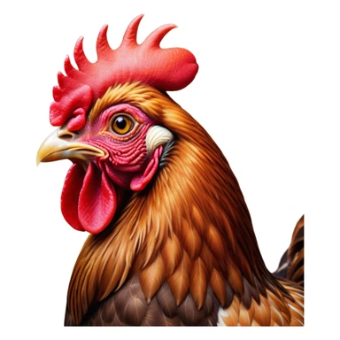 Cinematic Noble Brown Rooster Portrait Emoji, Poised and regal, with a robust, commanding build and a rich, well-groomed brown plumage, deep-set soulful warm eyes, Simplified yet sharp and sophisticated features, highly detailed, glowing with a soft, dignified glow, high shine, intelligent and proud, stylized with an air of rustic majesty, focused and attentive, soft glowing outline, capturing the essence of a watchful and confident leader, so majestic it feels as though it could crow out of the screen with effortless authority! sticker