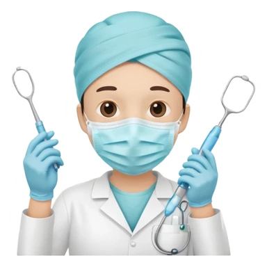 Tooth character wearing a medical face mask, holding dental equipment, clean flat illustration, simple emoji design, suitable for Canva.” sticker