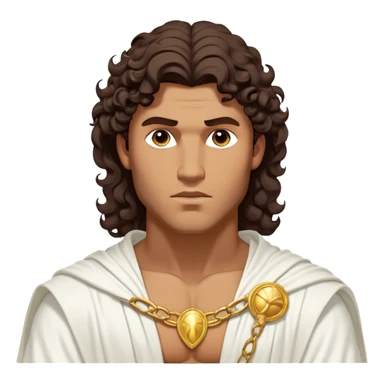 Cinematic Realistic Hercules Portrait, depicted as a classical Greek hero inspired by the Disney version yet echoing the refined proportions and serene dignity of Michelangelo's David. His idealized, sun-kissed tan skin glows with timeless strength, and his thick, curly wavy dark brownhair falls in natural, sculpted curls. Draped in a flowing white robe with delicate golden accents, his expressive eyes radiate determined nobility, all rendered under dynamic natural lighting with a mythic, radiant glow. sticker
