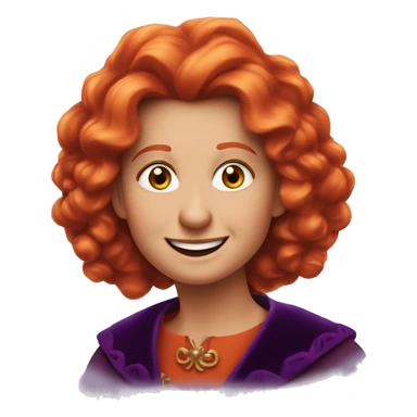 “Apple emoji of Winifred Sanderson: round face, crooked smile with a single front tooth, fiery heart-shaped red-orange hair, thick arched eyebrows, and a hint of a dark purple cloak.” sticker