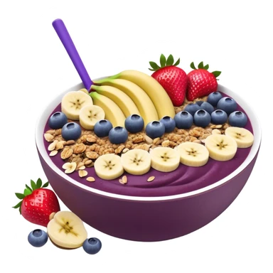 A vibrant açaí bowl with a deep purple smoothie base, topped with neatly arranged banana slices, fresh strawberries, blueberries, granola, and coconut flakes. The bowl is modern and minimal, with clean lines and a balanced composition. Flat, digital illustration, cartoon style, icon, white background, iOS emoji aesthetic. sticker