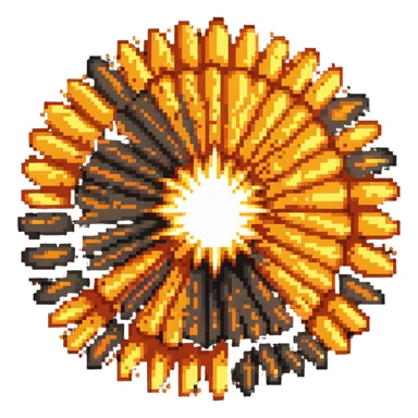 Bomberman explosion center tile, bright fiery explosion core with yellows and oranges radiating from center, 90% of tile with subtle glow effect, clean pixel art edges, slight transparency at edges sticker