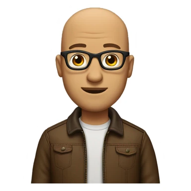 bald man with glasses and hair only on his sides of thehad with a brown leathr jacket sticker