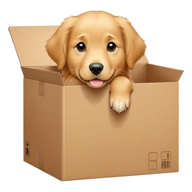  A very cute young Golden Retriever  with one's head tilted to one side poked its paws out of the cardboard big box and placed them on top of it sticker