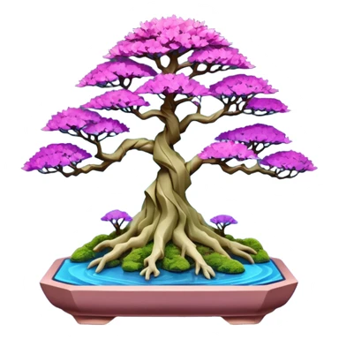 Futuristic wild glowing et alien moss maples Bonsai hair-fine-leaf group crimson crystal boxwood purple and cream pink blue informal rocky cliffhanger eight trees forest planting in shallow origami slab style pot with big feet  sticker