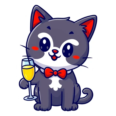 black cat with a red clown nose and a glass of champagne in its paw, playful and festive sticker