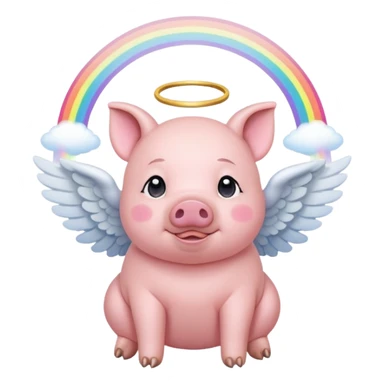 pig with angel wings, halo, and a gentle expression, pausing in the middle of a rainbow bridge sticker