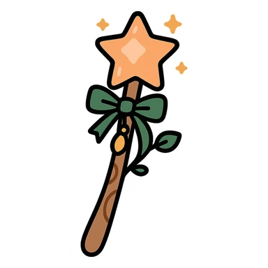 A cute and magical wand with an elegant, whimsical design, incorporating a color palette of golden orange (FA9B41), forest green (4A7C5C), soft taupe brown (96775A), and pastel peach (FFCC9A). The wand is slender and slightly curved, made of smooth wood with delicate carvings. At the top, there's a glowing gem or star in peachy tones, surrounded by tiny sparkles. Decorative elements like a ribbon, tiny leaves, or a small charm add a cozy, storybook-like charm. The overall look is gentle, enchanting, and magical, perfect for a forest fairy or a kindhearted young wizard sticker