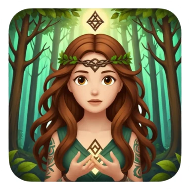 idea moment forest woman long wavy brown hair tattoos glowing rune above head sticker