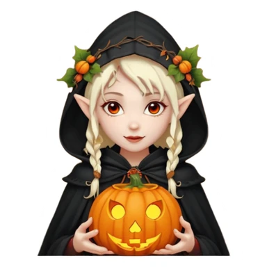 female elf vampire emoji, pale skin, red eyes, elegant face, autumn leaf and pumpkin wreath on head, black hooded cloak with cobweb details, holding small glowing pumpkin lantern, Halloween fantasy theme, Apple emoji style, clean white background, square sticker