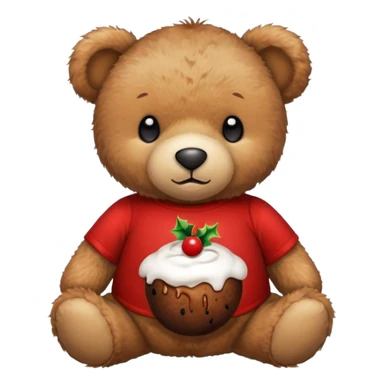 A teddy bear wearing a red t-shirt with a Christmas pudding on the t shirt  sticker