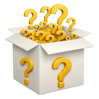 white box printed with q&a over stuffed with yellow question marks sticker