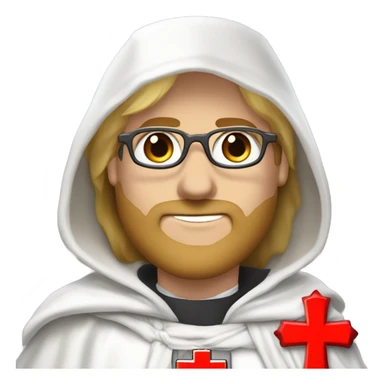 blond haired Masonic knight Templar wearing glasses and a white tunic with a Red Cross on the front and a white mantle with a hood with a Red Cross on the left side and a male face  and holding a sword. sticker