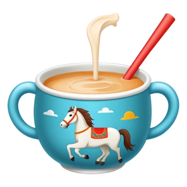 Mongolian milk tea bowl with horse-shaped handle, simplified emoji style with bold outlines and bright colors, cartoon style traditional nomadic drink sticker