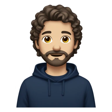 White boy with dark brown medium length wavy hair and a beard and mustache and pretty hazel eyes in a navy sweatshirt sticker