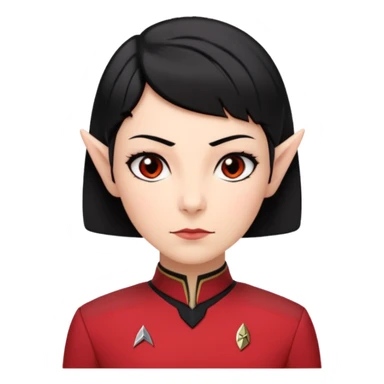 female Vulcan with short black hair and small pointy ears in Starfleet red uniform (Star Trek) no green face sticker