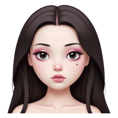girl with white skin, dark brown long realistic straight hair with middle part prominently falling in front of her body over her shoulders, very big pouty extra shiny lips with absolutely no cupid's bow, big round eyes with very black shiny eyeballs and huge eyelashes, no eyeshadow, pink blush on cheeks, lighter button nose, extremely long oval-shaped face, wearing a pink off-shoulder top, looking directly at camera with hands down at sides sticker