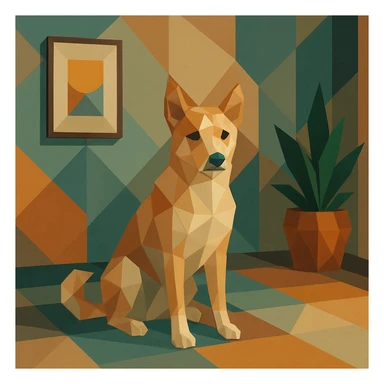 a dog in a room with geometric decor, polygonal style sticker