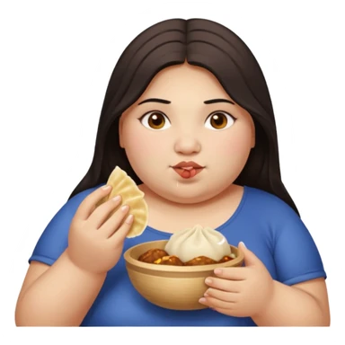 Can you create an emoji of a half Indian - half white 23 year old girl with dark brown mid length hair and brown eyes who is super obese and eating a dumpling sticker