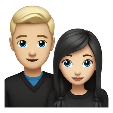 Blonde girl with blue eyes in black sweater and an east asian with light skin man with black hair and black eyes hugging sticker