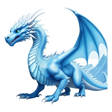 Cinematic Noble wise elegant Ice Dragon full body  Emoji, Poised and imposing, distinct long elegant snout, with a slender, scaled body shimmering in glacial hues of icy blue, frostbitten silver, and crystalline white, breathing out frost, with piercing, glowing ice blue white eyes that radiate the chilling depths of an arctic storm; rendered in detail. excuding wisdom sticker