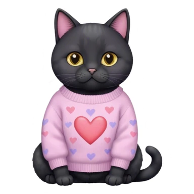 cute black british cat sitting 
 in a cute pastel sweater with hearts sticker