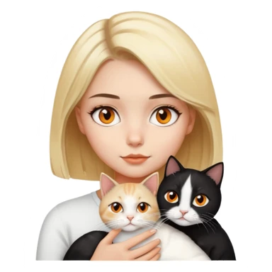 blonde girl with bob hair with brown eyes holding a black and white cat with orange eyes sticker