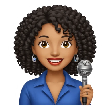 brown skin woman, curly black hair, singer, hold micro sticker